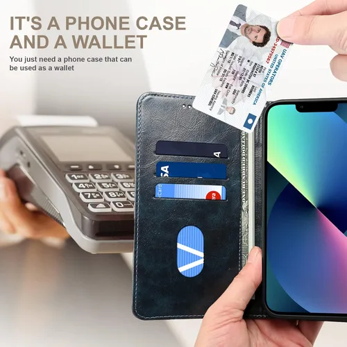 Vista 2 de SINIANL Funda compatible con iPhone 15, funda de piel azul con soporte magnético, soporte para tarjetas de crédito, funda tipo cartera