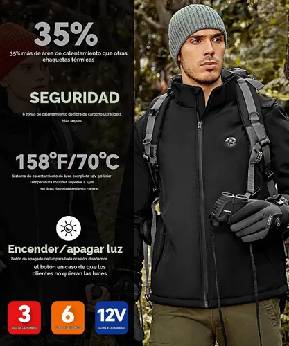 Vista 2 de Chaqueta térmica para hombre con capucha desmontable, impermeable para invierno al aire libre (batería incluida) (EE.UU., Alpha, L, regular, negro)
