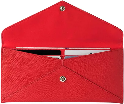 Vista 3 de YBONNE Cartera larga RFID que bloquea el bolso del sobre de las mujeres, hecho de cuero Saffiano (rojo)