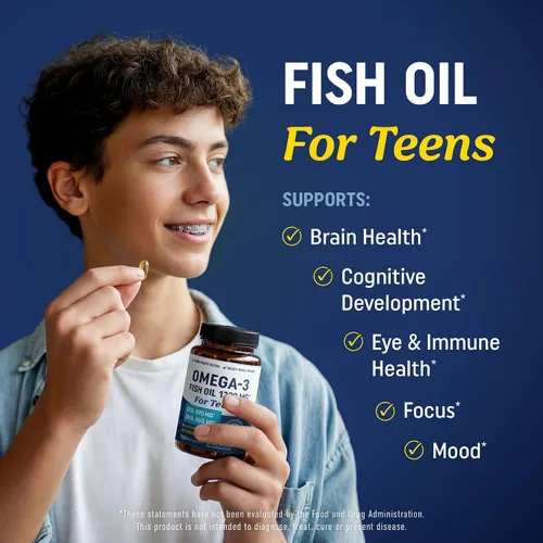 Vista 2 de Aceite de pescado Omega 3 para adolescentes Salud cerebral, concentración y apoyo del estado de ánimo, 1120 mg de Omega3 595 mg EPA + 460 mg DHA