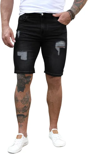 Vista 3 de JMIERR Pantalones cortos de mezclilla para hombre, estilo casual, elásticos, ajustados, lavados, desgastados, enrollados, rasgados, para hombre