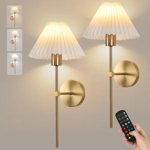 Vista 12 de Juego de 2 apliques de pared inalámbricos, pantallas plisadas recargables que funcionan con batería, luces de pared retro de cuello de ganso