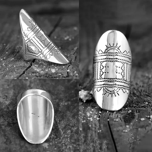 Vista 4 de Boho-Magic Anillo de plata de ley para mujer, joyería larga grabada con dedo completo, Sin gemas.