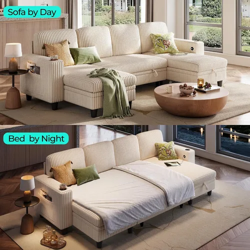 Vista 6 de LINSY HOME - Sofá cama extraíble modular con sección para dormir, con almacenamiento, sofá seccional de pana mullida para sala de estar, sofá cama