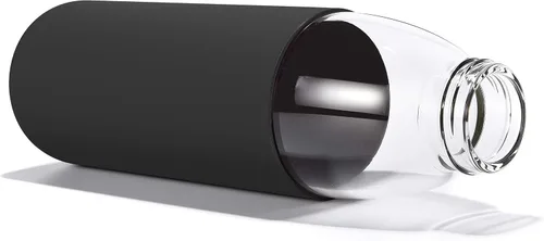 Vista 3 de Botellas de agua de vidrio de borosilicato de 18 onzas con tapa de bambú, sin BPA, funda de silicona antideslizante y tapa a prueba de fugas de Negro