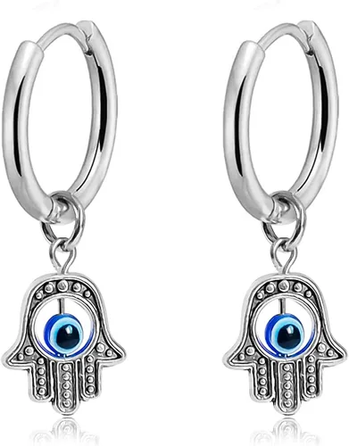 Vista 6 de Aretes de aro de mal de ojo para mujer, aretes de Hamsa pequeños, aretes de aro colgantes hipoalergénicos Hamsa Huggie