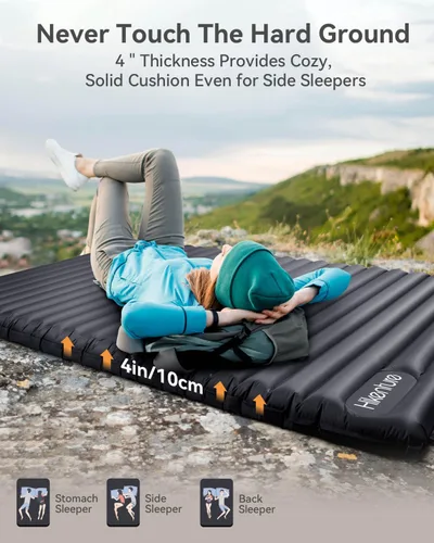 Vista 3 de Hikenture Colchoneta de dormir doble para campamento, colchón de campamento extra grueso de 4 pulgadas para 2 personas, colchoneta inflable