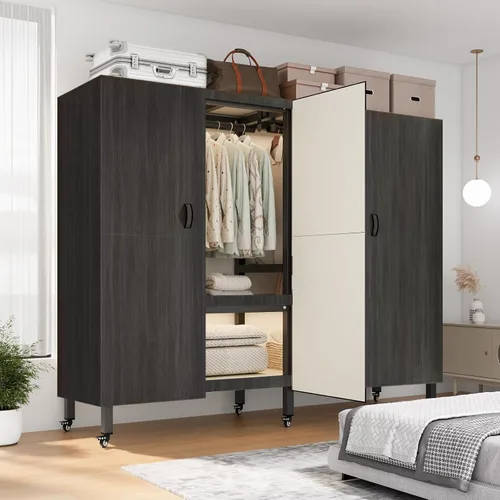 Vista 8 de Perchero cubierto resistente con puerta magnética, plegable, portátil, para colgar ropa, perchero de metal negro con ruedas (negro, 49.12 pulgadas)