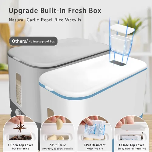 Vista 4 de Lenwi Dispensador de arroz de 22 a 25 libras, recipientes grandes de almacenamiento de alimentos secos de cereales con taza medidora, sin BPA