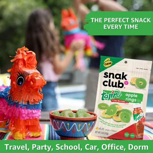 Vista 5 de Snak Club Tajin Anillos de Manzana, Bocadillos Gomosos Dulces y Sabrosos, Tamaño de Aperitivo de 2.5oz, 12