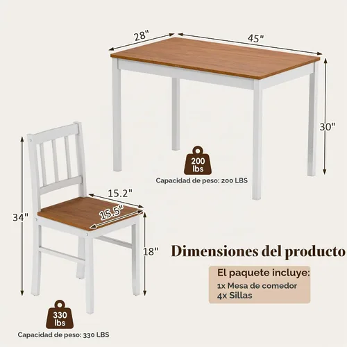 Vista 2 de Juego de mesa de comedor de 5 piezas para 4, juego de mesa de cocina rectangular de madera maciza con 4 sillas, juego de comedor de madera que