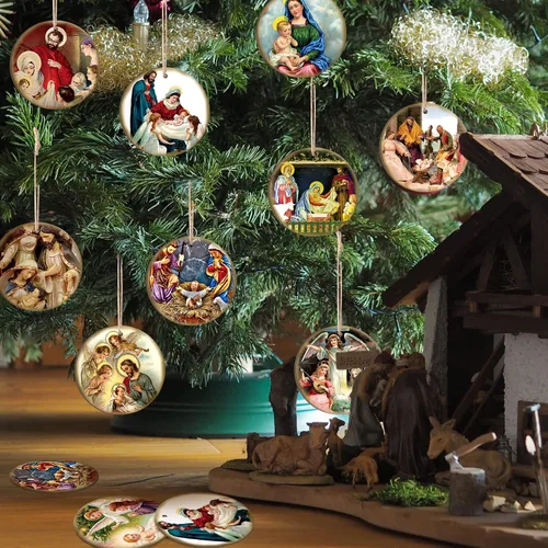 Vista 6 de Karenhi 40 piezas de adorno de Navidad religioso de madera colgante de madera retro vintage Natividad cristiana católica el nacimiento de Jesús