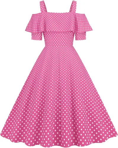Vista 3 de Vestidos de lunares de los años 50 para mujer, vestidos vintage rosados Rockabilly con hombros descubiertos, vestidos de fiesta, vestido de longitud