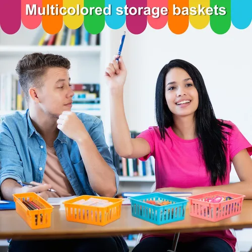 Vista 4 de 24 cestas pequeñas de plástico coloridas para el aula, 12 unidades de 10 x 3 x 2.5 pulgadas, bandeja pequeña para lápices, 12 bandejas organizadoras