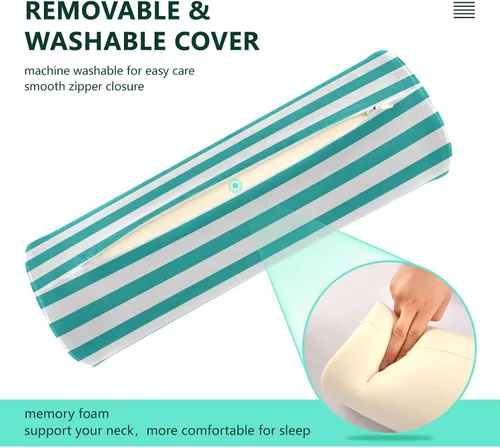 Vista 4 de Almohada redonda con funda a rayas, color azul y blanco, almohada cervical, almohada cervical, soporte de cuello de espuma viscoelástica para dormir