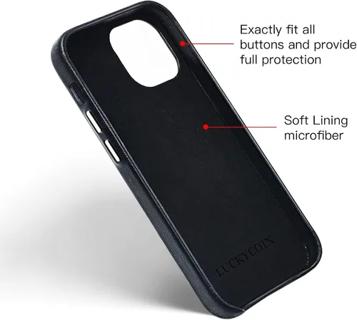 Vista 5 de LUCKYCOIN Funda de piel 100% auténtica tipo cartera para iPhone 13, diseño delgado con tarjetero y funda protectora a prueba de golpes, forro