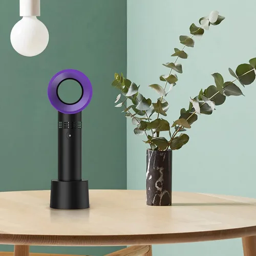 Vista 5 de Mini ventilador de mano sin aspas, mini ventilador de escritorio USB portátil, 3 velocidades, funciona con batería recargable por USB, reduce