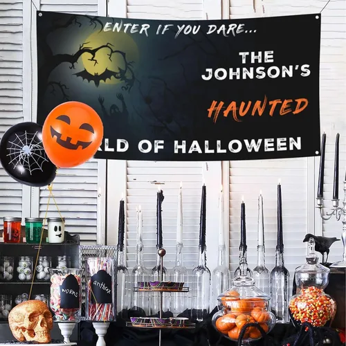 Vista 14 de Cartel personalizado de Feliz Halloween para fiesta, añade tu texto en la pancarta, decoraciones de Halloween personalizadas para interiores