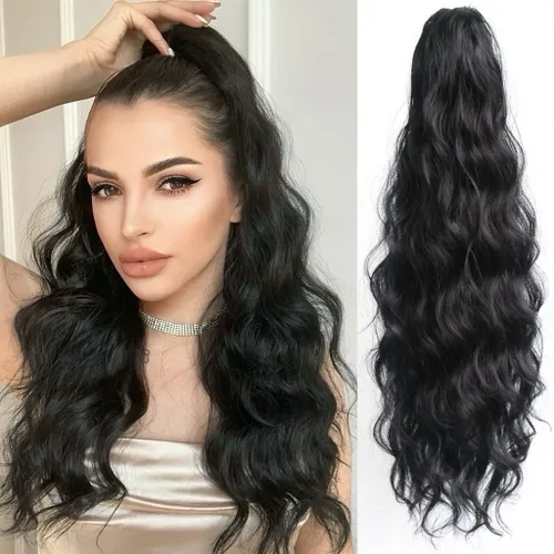 Vista 32 de Extensión de cola de caballo de garra negra natural ondulada de 16 pulgadas, extensiones de cabello sintético rizado con clip, extensiones