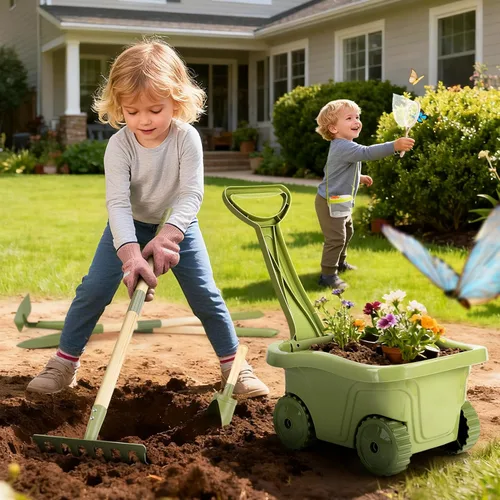 Vista 2 de Dreamon Herramientas de jardinería para niños y kit de atrapador de insectos, juguetes para exteriores 2 en 1 con carretilla y casa de insectos