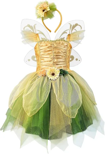 Vista 8 de DJDLPARTY Vestido de disfraz de hada para niñas, vestido verde de princesa, vestido de tutú con diadema y alas Azul
