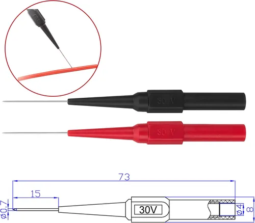 Vista 2 de TP161RDx5 - Aguja de perforación de aislamiento no destructiva, sondas de prueba de pin de 0.157 in para probador de coche, rojo/negro