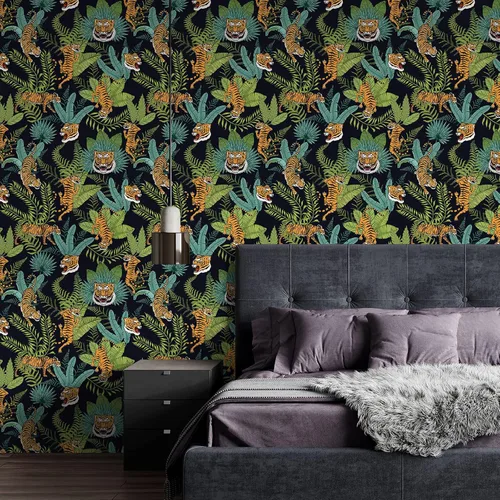 Vista 7 de CHIHUT Papel tapiz de tigre tropical de selva para despegar y pegar, papel tapiz de animales de safari, papel de contacto con hojas de palmera verde