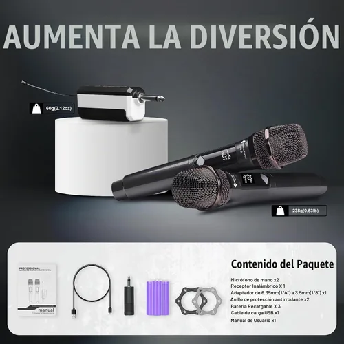 Vista 7 de Micrófonos inalámbricos - Micrófono de karaoke para cantar - Micrófono inalámbrico recargable con receptor de doble canal - Rango de 240 pies
