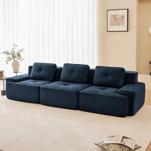 Vista 4 de Sofá seccional modular comprimido sin estructura de 117", sofás seccionales de 3 plazas para sala de estar, sofá seccional modular de pana azul