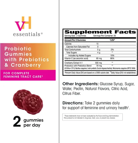 Vista 5 de vH essentials Gomitas probióticas con prebióticos y arándano, extracto concentrado para la salud del tracto urinario, apoya el equilibrio