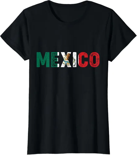 Vista 33 de Camiseta con texto en inglés «Mexico Vintage Letras» como bandera mexicana, Negro