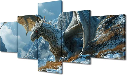 Vista 58 de Lienzo decorativo para pared de sala de estar, lienzo de dragón, 5 paneles, dragón verde, decoración de pared para el hogar, decoración de pared