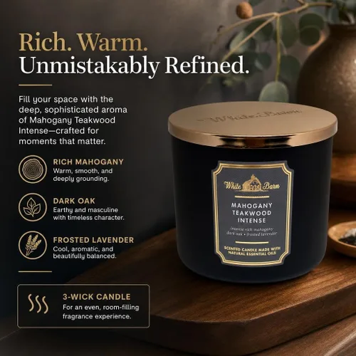 Vista 4 de Bath & Body Works, vela blanca con tres mechas, aceites de White Barn - 411 g - ¡Aromas centrales de 2021! (Intensa madera de teca y caoba)