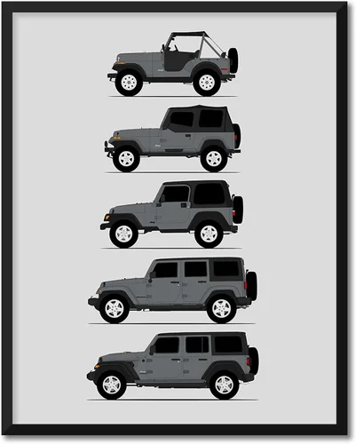 Vista 19 de Custom Car Posters Póster hecho a mano compatible con Jeep Wrangler Generations e impresión de CJ, YJ, TJ, JK, JL, estadounidense, 8 x 10 pulgadas