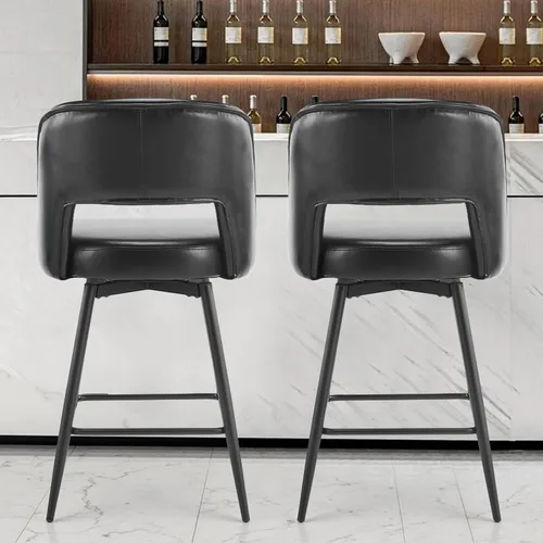 Vista 7 de Juego de 2 taburetes de bar modernos, taburetes de bar giratorios de poliuretano con respaldo abierto y patas de metal, sillas de bar tapizadas