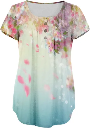 Vista 3 de Blusa de manga corta para mujer, estilo Henley, cuello en V, con botones, informal, plisada, básica