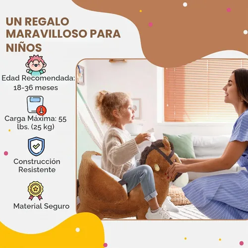 Vista 8 de Qaba Caballo mecedor para bebé con base de madera de sonido, edades de 18 a Mecedora de animales de peluche, cinturón de seguridad
