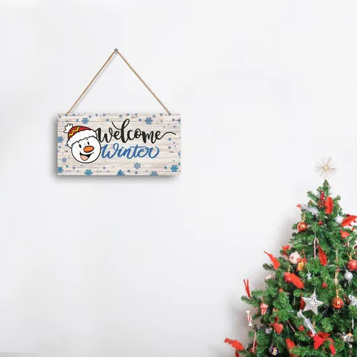 Vista 4 de Letrero de bienvenida de invierno, decoración rústica de madera para pared y puerta, muñeco de nieve impreso y copos de nieve, 11.9 x 6 pulgadas