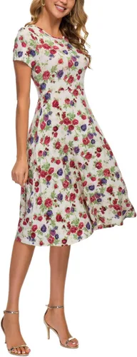 Vista 19 de Urban CoCo Vestido de manga corta para mujer, acampanado, con estampado floral, longitud por debajo de las rodillas # 1
