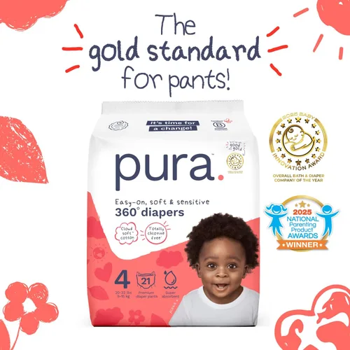 Vista 4 de Pura Pantalones de pañales de 360° talla 4 (20-33 libras) 63 veces elásticos para la noche, protección contra fugas de 12 horas durante la noche