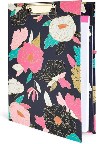 Vista 5 de Paper Junkie Carpeta portapapeles floral con bloc de notas y almacenamiento, 13 x 9 pulgadas, color negro clásico, clip de perfil bajo, bolsillo