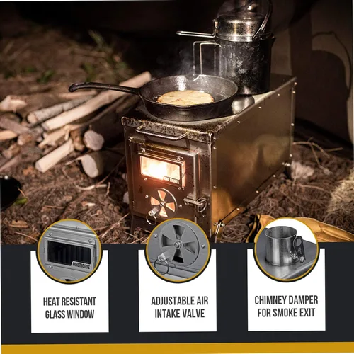 Vista 4 de OneTigris Estufa de tienda de campaña Tiger Roar, quemador de leña portátil para campamento de invierno, caza y cocina al aire libre, tubos incluidos