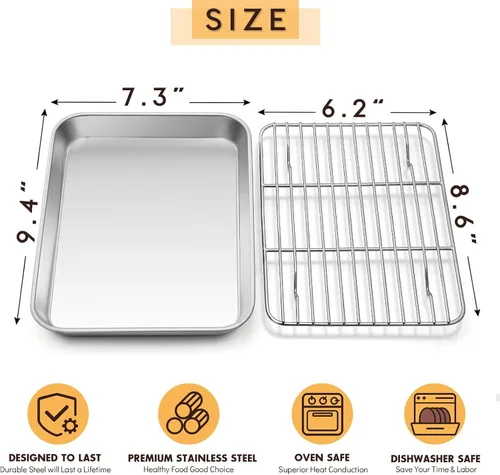 Vista 2 de E-far Bandeja pequeña de metal para horno tostador con juego de estante, bandeja para hornear de 9.4 x 7.3 pulgadas con rejilla de enfriamiento