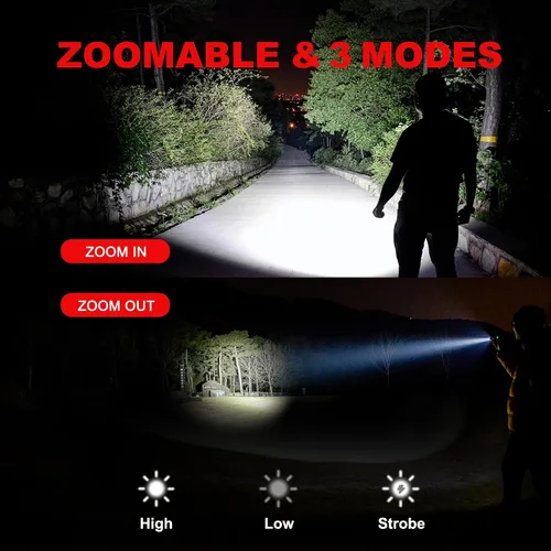 Vista 2 de Linterna LED táctica de grado militar, 3 modos, 3000 lúmenes, impermeable, con zoom, paquete de 4