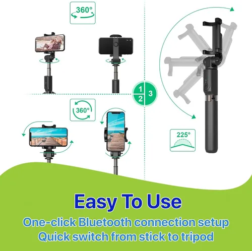 Vista 8 de Trípode para selfie stick con bolsa de control remoto inalámbrico, extensible y ajustable, soporte ligero V-Log compatible con todos los iPhone
