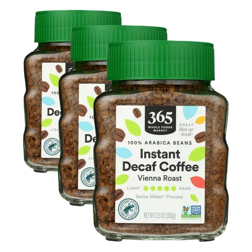 Vista 8 de 365 by Whole Foods Market, Café instantáneo descafeinado, tostado oscuro de Viena, proceso de agua suiza, 3.5 onzas
