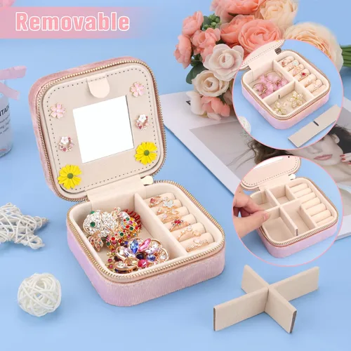 Vista 3 de DesignSter Joyero de viaje Mini organizador de joyería de terciopelo, pequeño joyero para niñas y mujeres, caja de almacenamiento de joyas