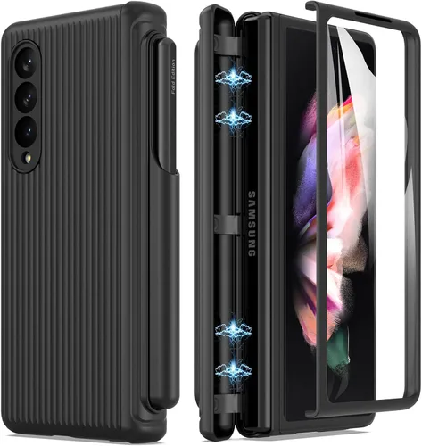 Vista 14 de MAKAVO Funda para Samsung Galaxy Z Fold 3 5G con protección de bisagra, protector de pantalla de vidrio templado integrado, ajuste delgado 3D Negro