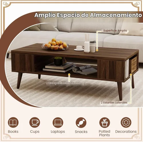 Vista 5 de Giantex Mesa auxiliar moderna de mediados de siglo, mesa central rectangular de 42 pulgadas con 2 estantes de almacenamiento y compartimento