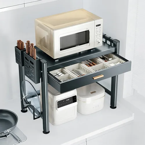 Vista 8 de Estante ajustable para horno de microondas, estante de microondas con cajones, estante de 2 niveles con soporte para tablas de cortar para estantes